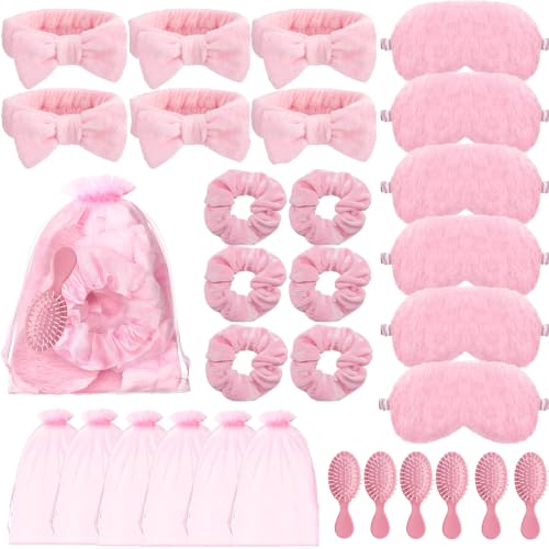 30 Pieces Spa Party Supplies Include Eye Mask Spa Headband with Coquette Bow Plush Sleep Velvet Scrunchies Organza Bags Hair Comb for Sleepover Slumber Party Favor Return Gift