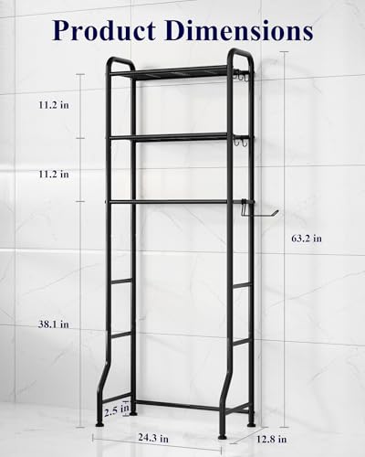 Kitsure Over Toilet Storage Rack, 63.2" H Space-Saving, Holder & Hooks | Bathroom, Laundry Room, Small Spaces, Families, Durable Metal, Black, 3 Tier