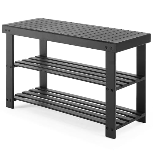Sweetcrispy 3-Tier Shoe Rack Bench for Entryway, 27 Inches, Black | Bamboo Shoe Storage Bench, Shoes Rack for Entrance, Bedroom, Living Room, Balcony, 6 Pairs, 286lb Capacity