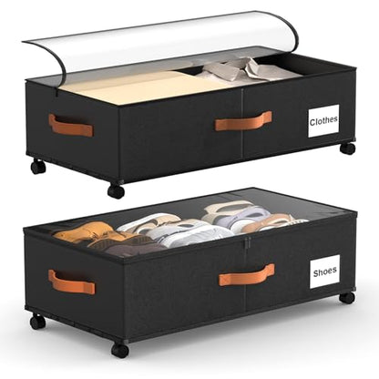 Eastherry Under Bed Storage Containers with Wheels, 9.5 inches Higher Underbed Shoes Blankets Clothes Toy Storage Drawers for College Dorms Bedrooms Nursery Rooms Organization, 2 Pack to be Assembled
