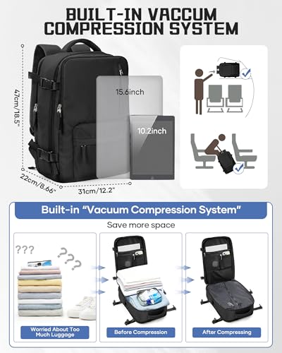 WONHOX Vacuum Seal Backpack for Travel with Air Pump Compression Vacpack Carry on Flight Approved Daypack Laptop Space Saver Bags Storage with Vacuum System 18x14x8 inches Travel Bag Women Men Black