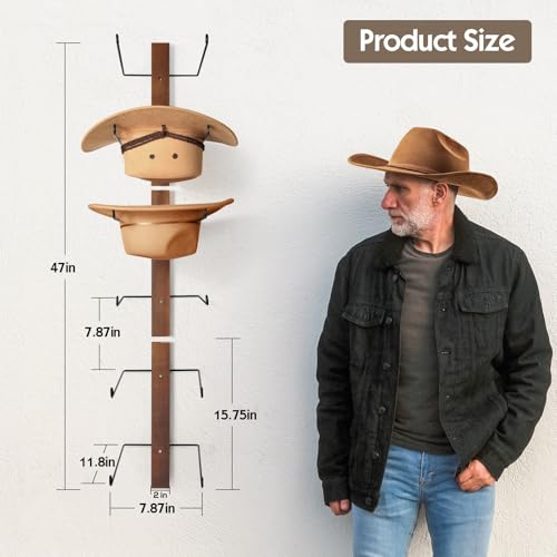 Cowboy Hat Holder, 3-Piece Wall Mount Cowboy Hat Rack for Wall Holds up to 6 Hats – Wooden + Metal Rustic Western DIY Hat Racks for Wall Storage and Home Décor