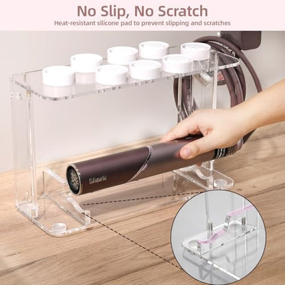 Dyson Airwrap Holder, Dyson Airwrap Wall Mount Clear Acrylic Organizer, Shark Hair Dryer Holder Stand with 8 Slots Cord Hook, Heat-Resistant Storage for Bathroom/Vanity UEMUSI