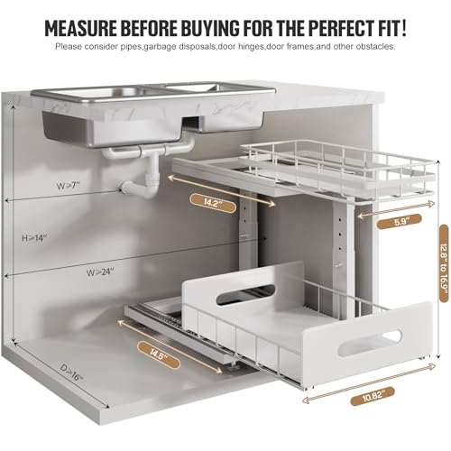 Under Sink Organizer Upgrade To Professional Rails,2-Tier Dual Pull Out Cabinet Storage,Height Adjustable Slide Out Drawers For Bathroom Kitchen,2 Pack-14.5" Dx12.8-16.9" H,White