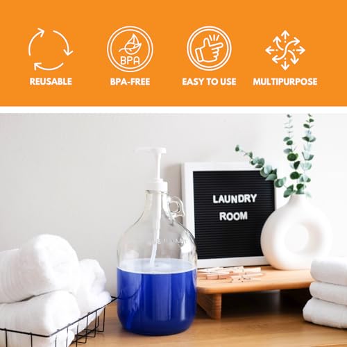 Glass Laundry Detergent Dispenser with Pump, 1 Gallon Glass Jug | 128 oz | Laundry Detergent Dispenser with airtight lid, non-slip base and 1.4 oz pump for soap, softener or syrup | 1 gallon jug