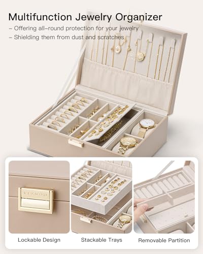 VLANDO Jewelry Organizer, 2-Layer Design with Tray and Watch Pillow,Toffee | Generous Space Stores All Kinds of Jewelry Tidily,Elegant Look Serves as a Nice Birthday and Holiday Gift for Ladies