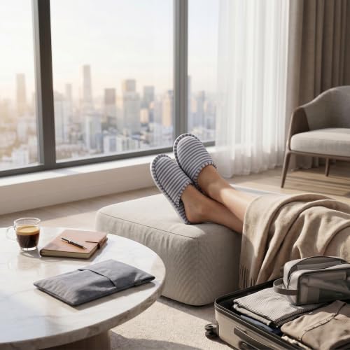 VGEBY 1 Pair Travel Foldable Slippers Anti-slip with Drawstring Storage Bag for Home Hotel Flight Indoor Outdoor(Color : Grey Stripes for Women)