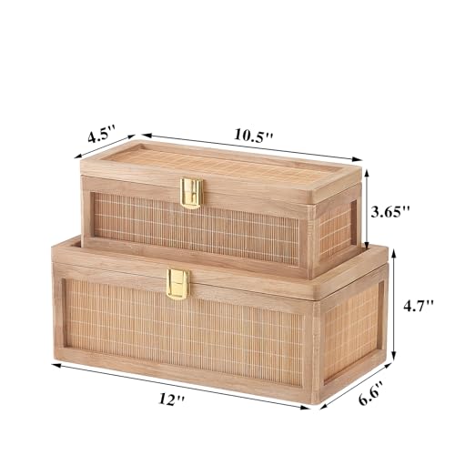 Natural Bamboo Decorative Box with Lids, Unique Decorative Boxes Set of 2, Boho Wedding Keepsake Box, Memory Box with Lid for Crafts, trinkets and Photo Storage