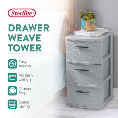 Sterilite 2-Pack 3-Drawer Weave Tower, Medium Storage Closet Organizer, Cement - Plastic Drawers and Containers for Bedroom, Cabinet, Clothes, Dresser, and Kitchen Pantry Organization