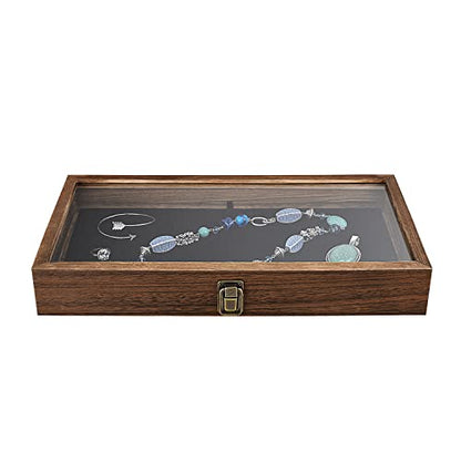 MOOCA Wood Jewelry Display Case with Tempered Glass Top, Black Velvet Pad | Wood display case with a glass top and removable black velvet pad accommodates taller jewelry and collectibles.