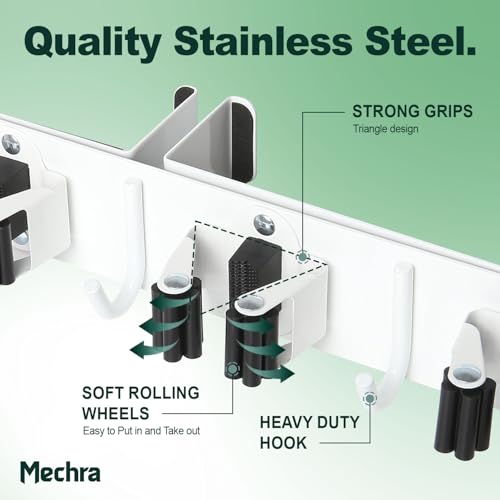 Over The Door Broom and Mop Holder, Heavy Duty Stainless Steel Organizer with 4 Slots and 3 Hooks, No Drilling Space Saving Tool Hanger for Kitchen, Laundry Room, Closet, and Garage - White