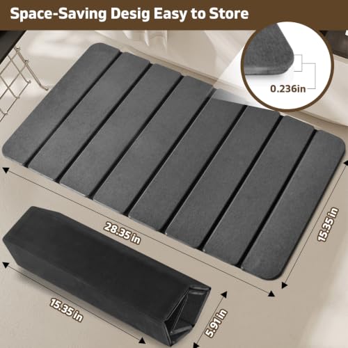 Large Foldable Stone Bath Mat, 2 Pcs Super Absorbent Diatomaceous Earth Mat with Non-Slip Base, Quick Drying Floor Mat for Bathroom Kitchen Counter (28" x 16", Grey)