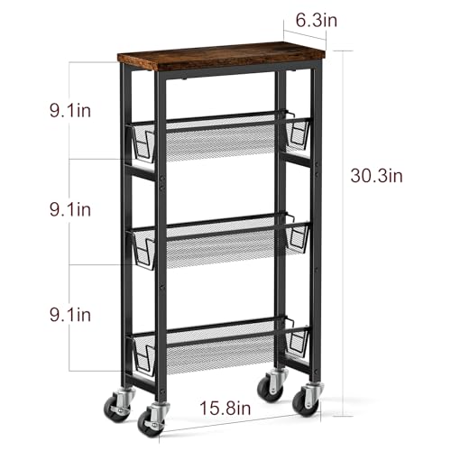 Honest Slim Storage Cart 4-Tier Slim Rolling Cart with Metal Frame and Wooden Top, 6.3 Inches, Storage Cart for Kitchen, Dining Room, Living Room, Bathroom, Home Office, Rustic Brown and Black