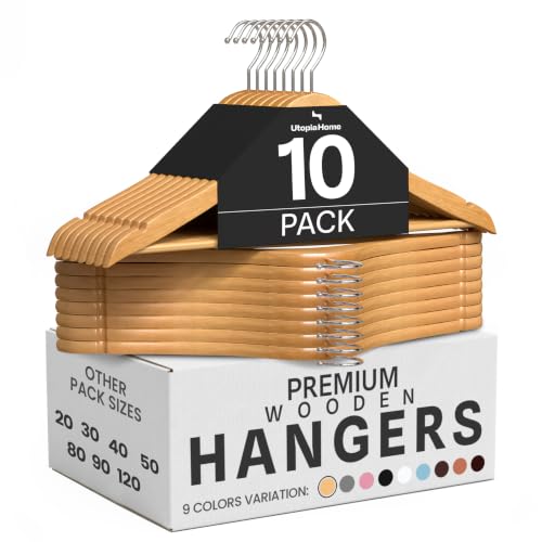 Utopia Home Wooden Hangers 10 Pack – Slim Suit Hangers Natural | 360° rotatable hook | Shoulder grooves | Durable & slim design | Ideal for suits, coats & jackets