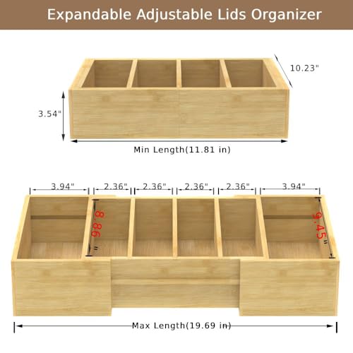 Retro Shaw Lid Organizer for Plastic Lids, Expandable | with 3 Adjustable Dividers, Bamboo, For Cabinet and Drawer, Kitchen Organizer and Storage