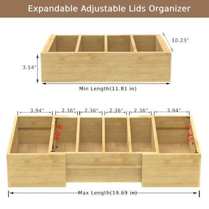Retro Shaw Lid Organizer for Plastic Lids, Expandable | with 3 Adjustable Dividers, Bamboo, For Cabinet and Drawer, Kitchen Organizer and Storage