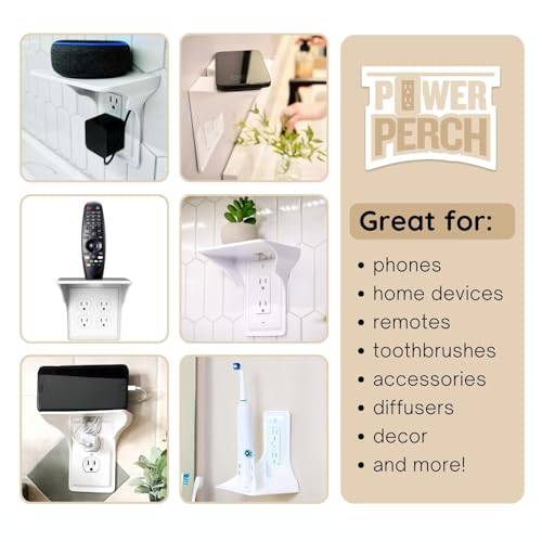 Power Perch Horizontal Outlet Shelf Organizer for Alexa Echo Dot Speakers, Phone - Wall Outlet Holder with Cord Storage Strap - Socket Shelf Bathroom Kitchen Counter Charging Station - White 1 Pack