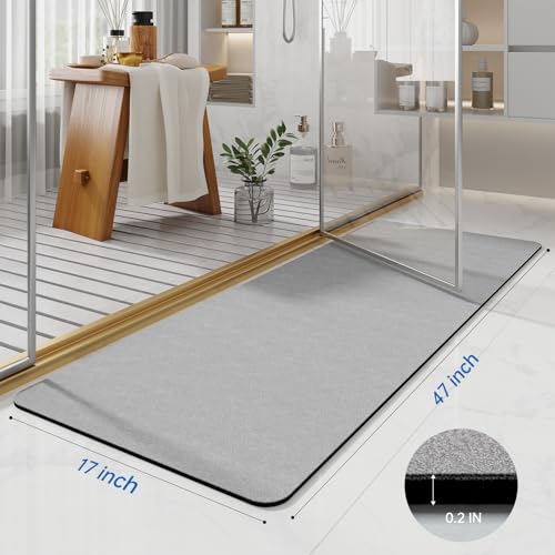 Long Bath Rugs 47x17-Diatomaceous Earth Stone Bath Mats for Bathroom,Grey | Quick Dry Absorbing Diatomite Bathroom Rugs Rubber Non Slip Thin Bathroom Mat Fit Under Door, Bath Mats for Bathroom Floors