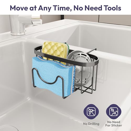 Sponge Holder for Kitchen Sink - Movable Kitchen Sink Caddy with M Shape Hook, Stainless Steel Hanging Sponges Caddy Organizer in Double Bowl Sinks Depth>3.15in, Middle Divider<1.5in, Black