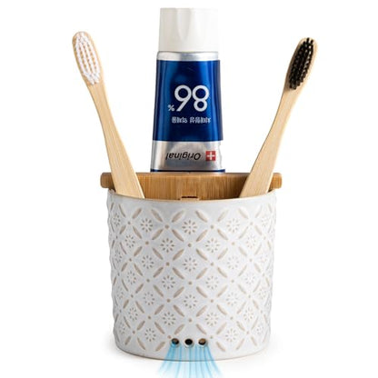 Toothbrush Holders, Ceramic Electric Toothbrush & Toothpaste Holder | Detachable 3 Slots Tooth Brush Cup with Drain Holes & Bamboo Divider, Makeup Brush Storage Holder for Bathroom, Family, Kids