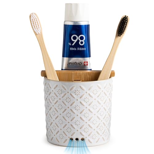 Zoeeker Toothbrush Holders, Ceramic Electric Toothbrush & Toothpaste Holder | Detachable 3 Slots Tooth Brush Cup with Drain Holes & Bamboo Divider, Makeup Brush Storage Holder for Bathroom, Family, Kids
