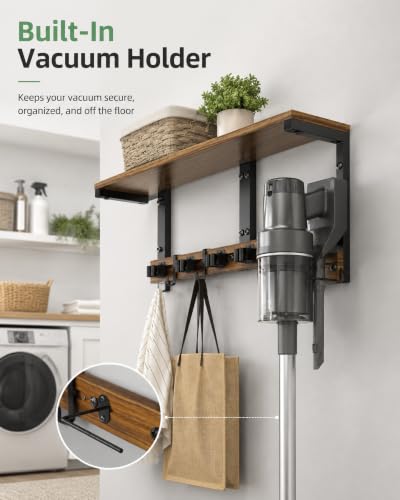 Broom and Mop Holder Wall Mount, 27" Large Organizer with Wood Shelf | Vacuum Holder, 5 Heavy-Duty Grippers, 5 Movable Metal Hooks for Laundry Room, Garage and Utility Closet Organization