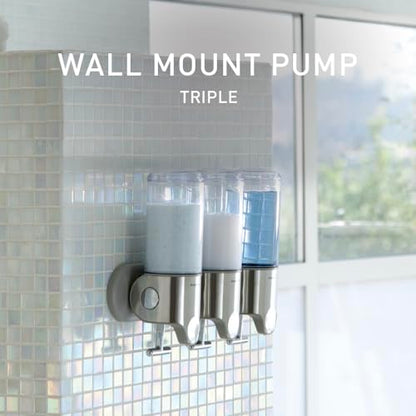 simplehuman Triple Wall Mount Pumps, Hotel-Grade Refillable 3-Chamber Shampoo Conditioner Body Wash Shower Dispenser, T-Bar Lever, No-Drill Install, for Bathrooms, Hotels, and Airbnbs, Stainless Steel