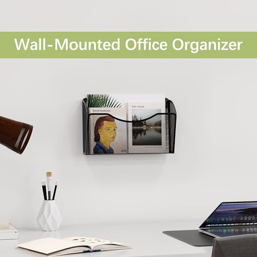 EasyPAG Wall File Organizer, Metal Mesh Hanging File Folder Holder for Letter/A4 Size Folders, Vertical Wall Mount Mail Sorter for Office Paperwork, Classroom, Black