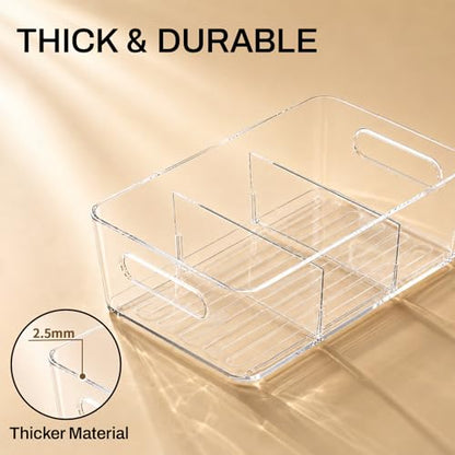 6-Pack Pantry Organizers and Storage, Clear Fridge Organizer Bins | Clear stackable plastic bins with removable dividers for packets, snacks, pouches and spices in pantry, fridge or freezer.