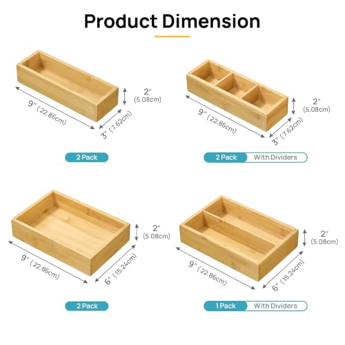 Vtopmart Bamboo Drawer Organizer Boxes - Set of 7 Multi-purpose Wooden Storage Dividers for Kitchen, Bathroom, Office, Desk, Makeup, Jewelry & More, Non-Slip Junk Drawer Organizer Trays for Storage