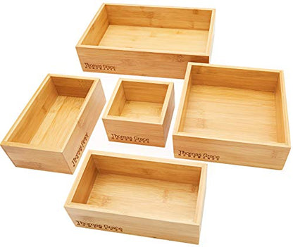 Bamboo Drawer Organizer and Storage Set, Multi-use Set of 5 Storage Trays, Wood Boxes of various sizes for Office Desk or homework, Kitchen, Bathroom Jewelry, Cosmetic Make up, Baby Bedroom, Junk.