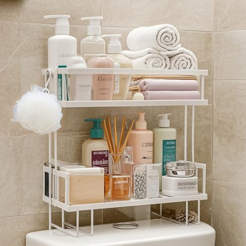 PowerKing Over The Toilet Storage Shelf, 2-Tier Bathroom Organizer, White | No Drill Installation, Rust Resistant Steel, 2 Hanging Hooks, Toilet Paper Holder, Restroom & Bathroom Space Saver