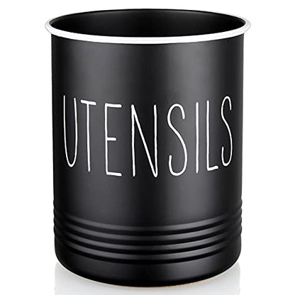 Kitchen Utensil Holder, 6.7" Utensil Holder for Kitchen Counter, Cooking Utensil Crock with Cork Bottom, Modern Farmhouse Decor, Countertop Utensil Storage Organizer Caddy, Black