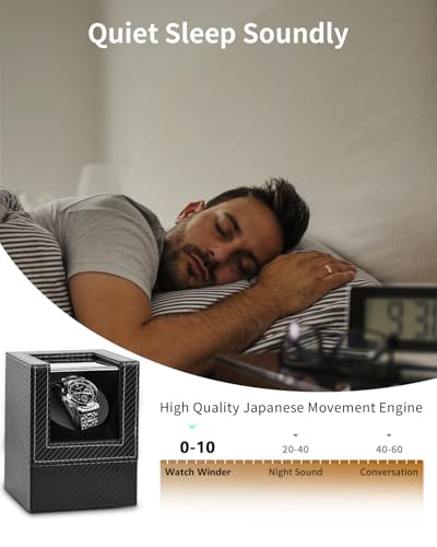 Watch Winder for Automatic Watches: Automatic Single Watch Winder Box | Japanese Quiet Motor, Anti-Magnetic Design, USB-C or Battery Power, Adjustable Pillow, Black Carbon Fiber, Gift for Men