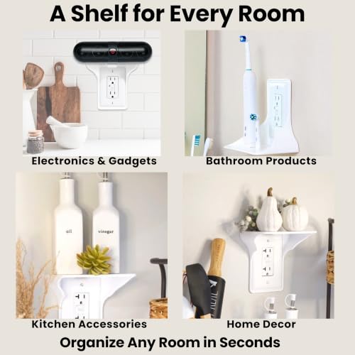 Power Perch Outlet Shelf for Alexa, HomePod Mini, Made in USA, White 1 Pack | Outlet Wall Mount with Cord Storage Strap, Charging Station, WiFi Router Shelf for Bathroom, Bedroom, Kitchen, Holds 10 lb