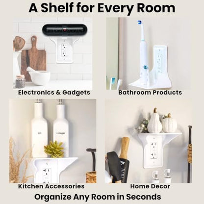 Power Perch Outlet Shelf for Alexa, HomePod Mini, Made in USA, White 1 Pack | Outlet Wall Mount with Cord Storage Strap, Charging Station, WiFi Router Shelf for Bathroom, Bedroom, Kitchen, Holds 10 lb