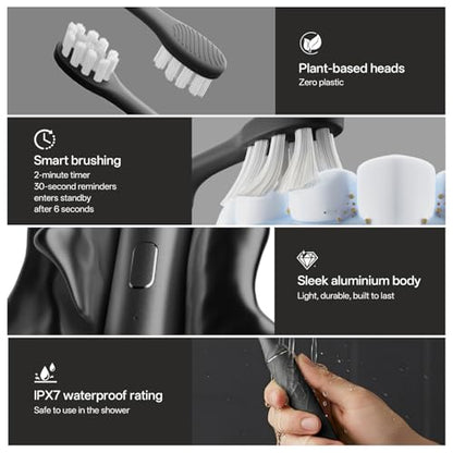 Oday Rechargeable Electric Toothbrush for Adults with UV Sanitizer Holder | 4 Plastic Free Brush Heads, Smartimer, IPX7 Waterproof, 1 Month+ Battery, Sleek Aluminum Body Black, Mess-Free Bathroom