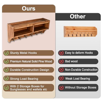 Key Holder Wall Mount with Mail Organizer, 6 Hooks & Shelf, Brown | Wood Key Holder Wall Mount with 6 Key Hooks, Shelf & Storage Box and Mail Organizer for Entryway, Apartment, Home and Office