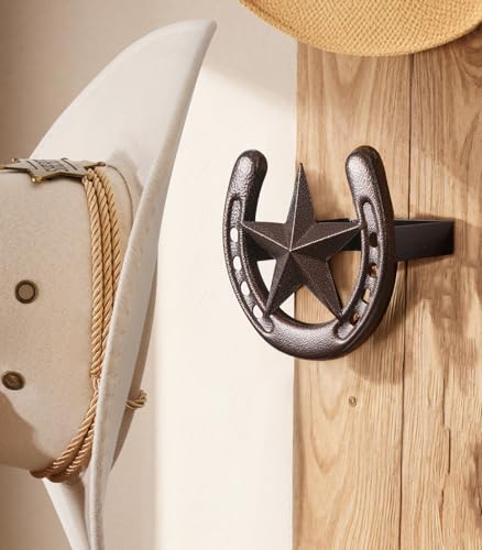 Cowboy Hat Hanger Wall Mount, 4 Pack Cowboy Hat Rack, Metal Horseshoe Hook | Horseshoe Decor, Western Hat Hook for Wall, Hat Holder for Entryway Closet, Bridle Hook for Tack Room, Horse Supplies, Bronze