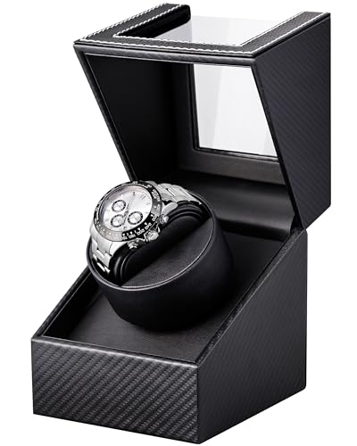 Watch Winder for Automatic Watches: Automatic Single Watch Winder Box | Japanese Quiet Motor, Anti-Magnetic Design, USB-C or Battery Power, Adjustable Pillow, Black Carbon Fiber, Gift for Men