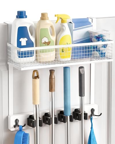 Lorbro Over the Door Broom and Mop Holder with Basket, 4 Grips and 4 Hooks | No-Drill Door Mount, Cleaning Supply Organizer, Wood and Metal Build, Secure Grip Slots, Laundry Garage Closet Use