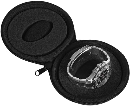 Travel Watch Case | Single Watch Box w/Zipper for Storage | Cushioned Round Portable Watch Case for Travel | Fits all Wristwatches and Smart Watches up to 50mm (Black)