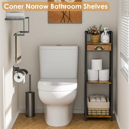 3-Tier Narrow Bathroom Shelves with Drawer, Bathroom Organizers and Storage, Open Floor Ladder Shelf, Freestanding Tower Slim Standing Unit for Small Spaces - Rustic Brown