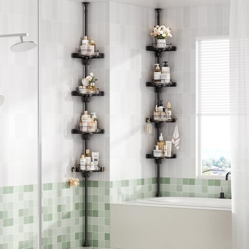 akinbas 360° Rotating Shower Caddy Tension Pole with 4-Tier Rustproof Lazy Susan 35-128 Inch No Drilling Coner Shelves Adjustable Shower Rack for Bathroom Bathtub Washbasin Plant Storage (Black)