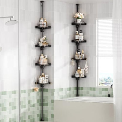 akinbas 360° Rotating Shower Caddy Tension Pole with 4-Tier Rustproof Lazy Susan 35-128 Inch No Drilling Coner Shelves Adjustable Shower Rack for Bathroom Bathtub Washbasin Plant Storage (Black)