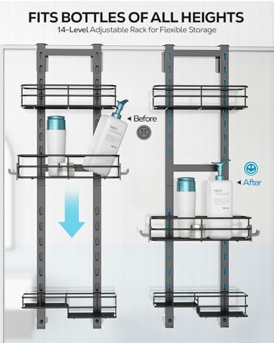 Nieifi Over The Door Shower Caddy, Adjustable Hanging Shower Organizer | Adjustable hanging baskets, 4 hooks, large capacity, rustproof steel, pantry organizer, drill free, for bathroom, black