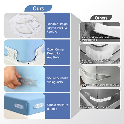 Fitted Sheet Holders, Bed Sheet Holders for Corners, 4 PCS Fitted Sheet Grippers with Lock Clips, Sheet Fasteners Secure Sheets for Twin, Full, Queen, King Beds