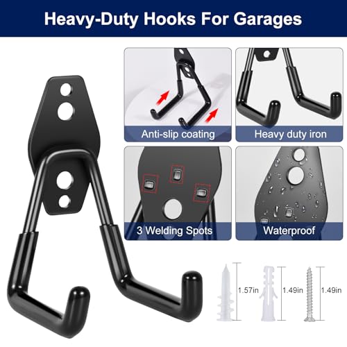 18 Pack Garage Hooks, Anti-Slip Coating, Hooks for Hanging Heavy Duty for Garages, Bicycles, Ladders, Gardening, Tools, Including 3 Organizing Straps
