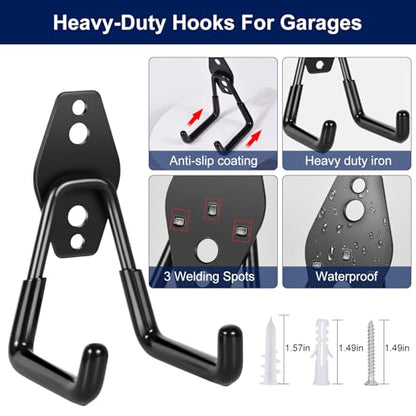 18 Pack Garage Hooks, Anti-Slip Coating, Hooks for Hanging Heavy Duty for Garages, Bicycles, Ladders, Gardening, Tools, Including 3 Organizing Straps