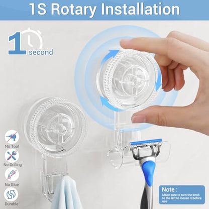 LUXEAR Suction Hooks,4 Pack 2razor Hooks 2 Single Hook Clear Removable & Reusable Vacuum Suction Hanger Waterproof Powerful Weather Hanger Hook for Towel Bathrobe Loofah Bathroom Kitchen Storage